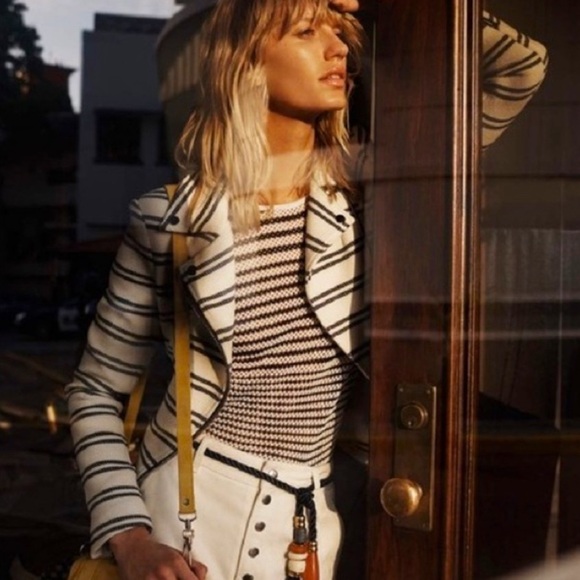 Veronica Beard Hadley Moto Jacket Blazer Stripe Chevron Asymmetrical Classic 8 - Picture 1 of 13